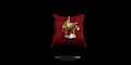 Front-facing product shot of a handcrafted 3D Pegasus pendant in gold, silver, and rose gold finishes, resting on a plush red velvet cushion against a black background.
