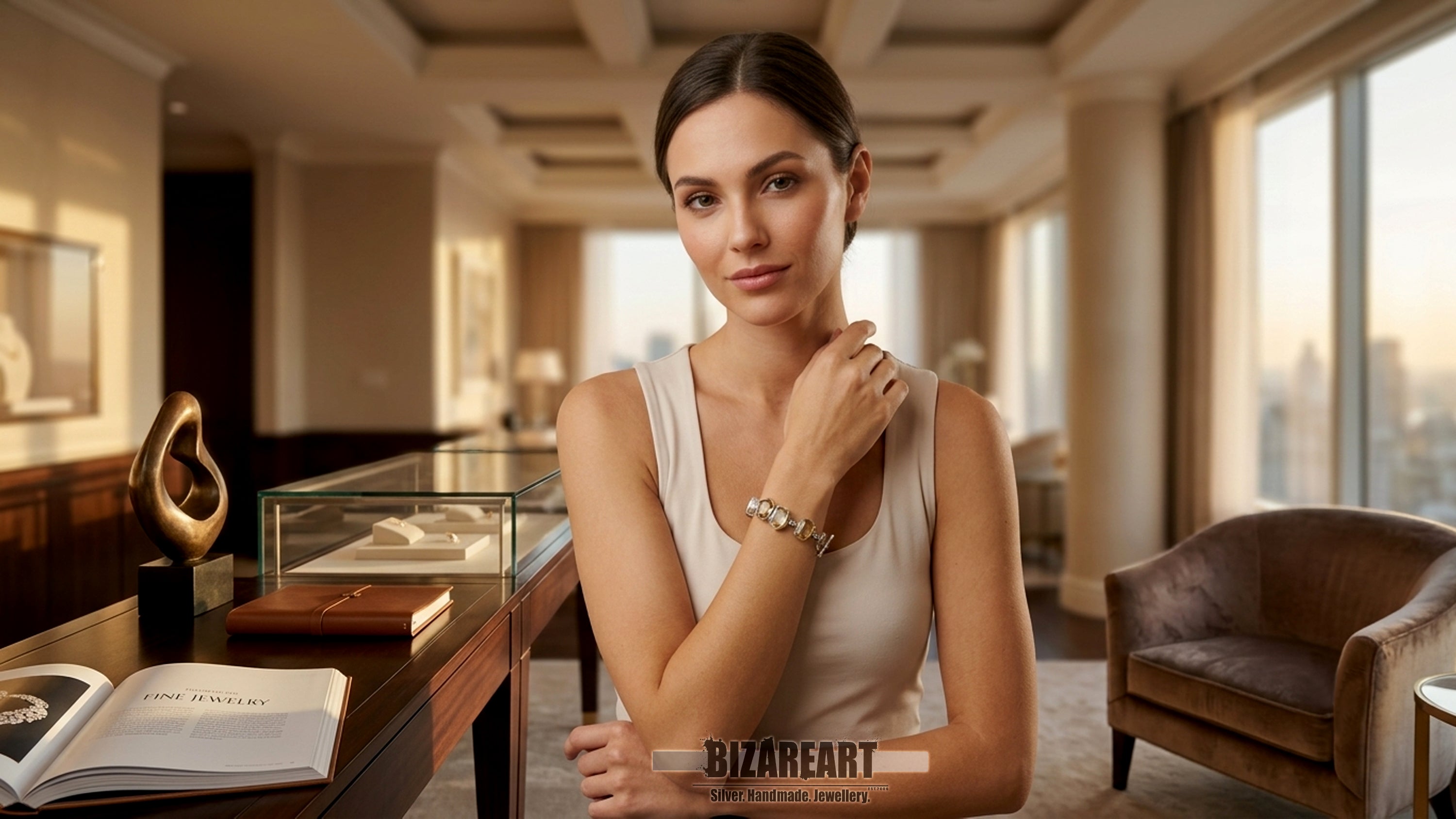 Model wearing the Solstice raw citrine and heavy sterling silver statement bracelet in a luxury studio setting