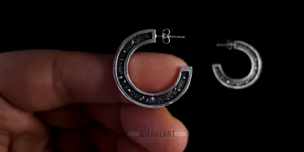 Oxidized Sterling Silver Circular Sector Earrings, Granulated Geometric Style