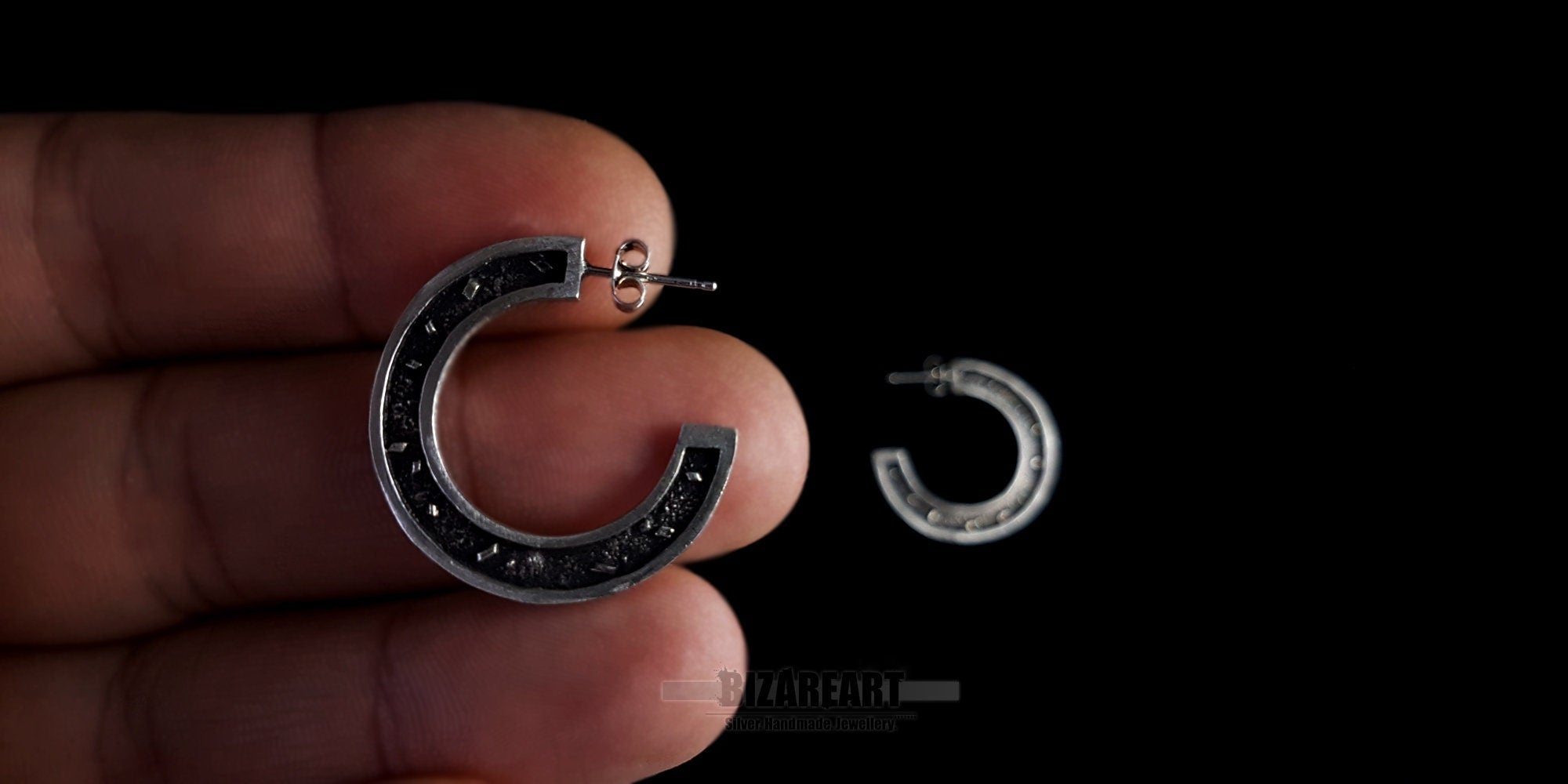 Oxidized Sterling Silver Circular Sector Earrings, Granulated Geometric Style