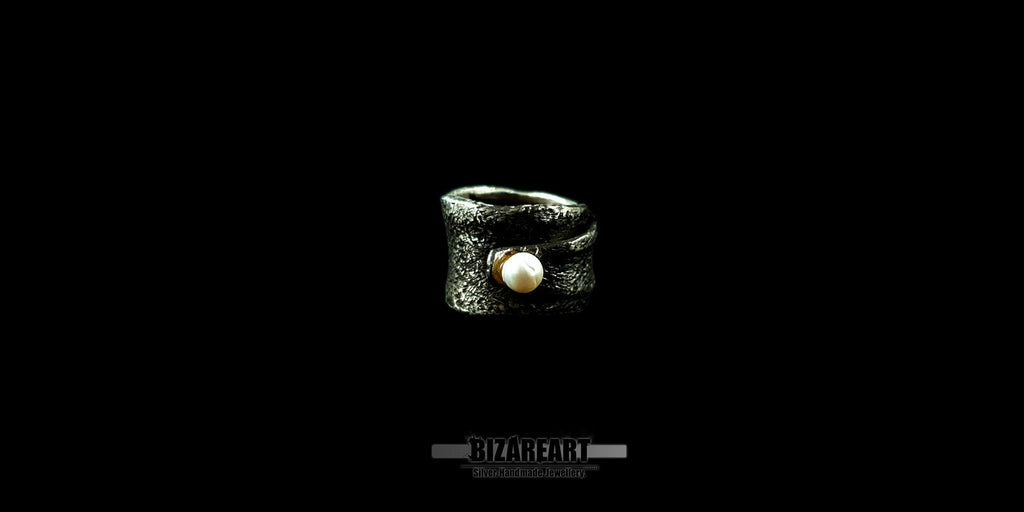 Oxidized Sterling Silver Sculptural Wrap Ring with Freshwater Pearl