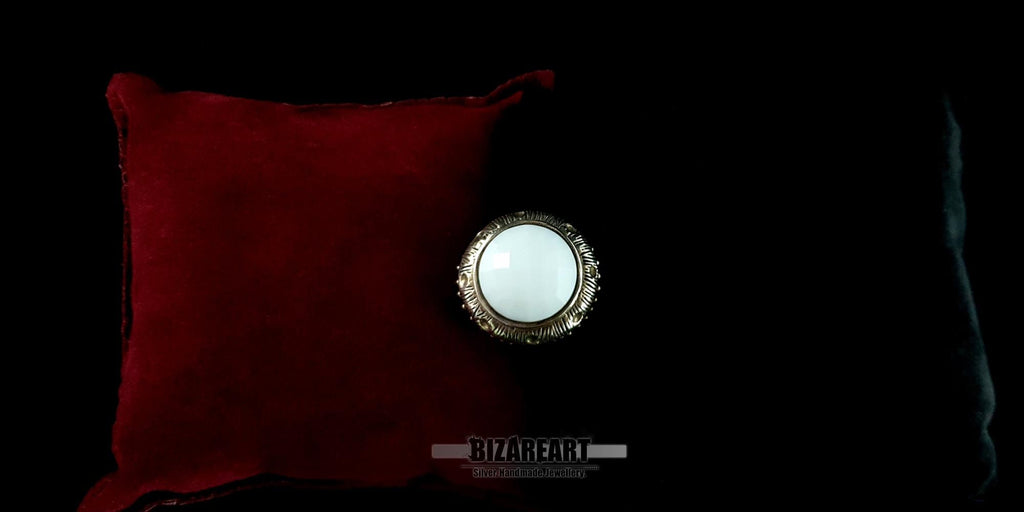 Sterling Silver White Agate Dome Ring, Vintage Gothic Statement