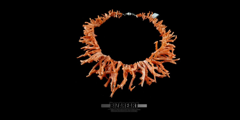 Orange Coral Necklace, Natural Mediterranean Branch, 925 Silver Clasp
