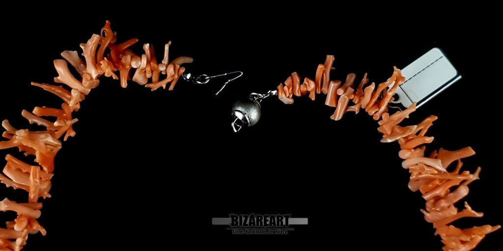 Orange Coral Necklace, Natural Mediterranean Branch, 925 Silver Clasp