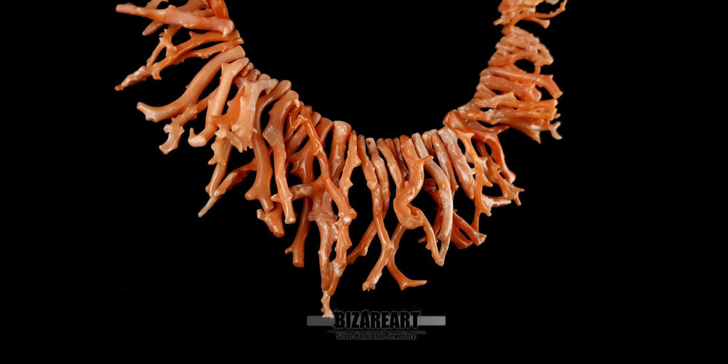 Orange Coral Necklace, Natural Mediterranean Branch, 925 Silver Clasp