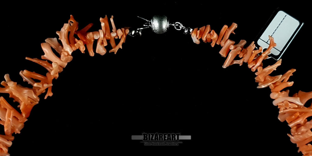 Orange Coral Necklace, Natural Mediterranean Branch, 925 Silver Clasp