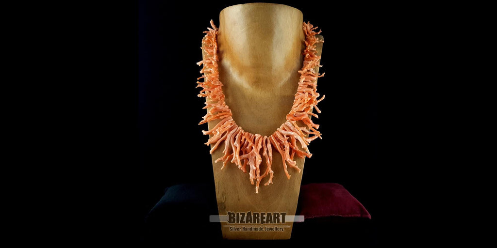 Orange Coral Necklace, Natural Mediterranean Branch, 925 Silver Clasp
