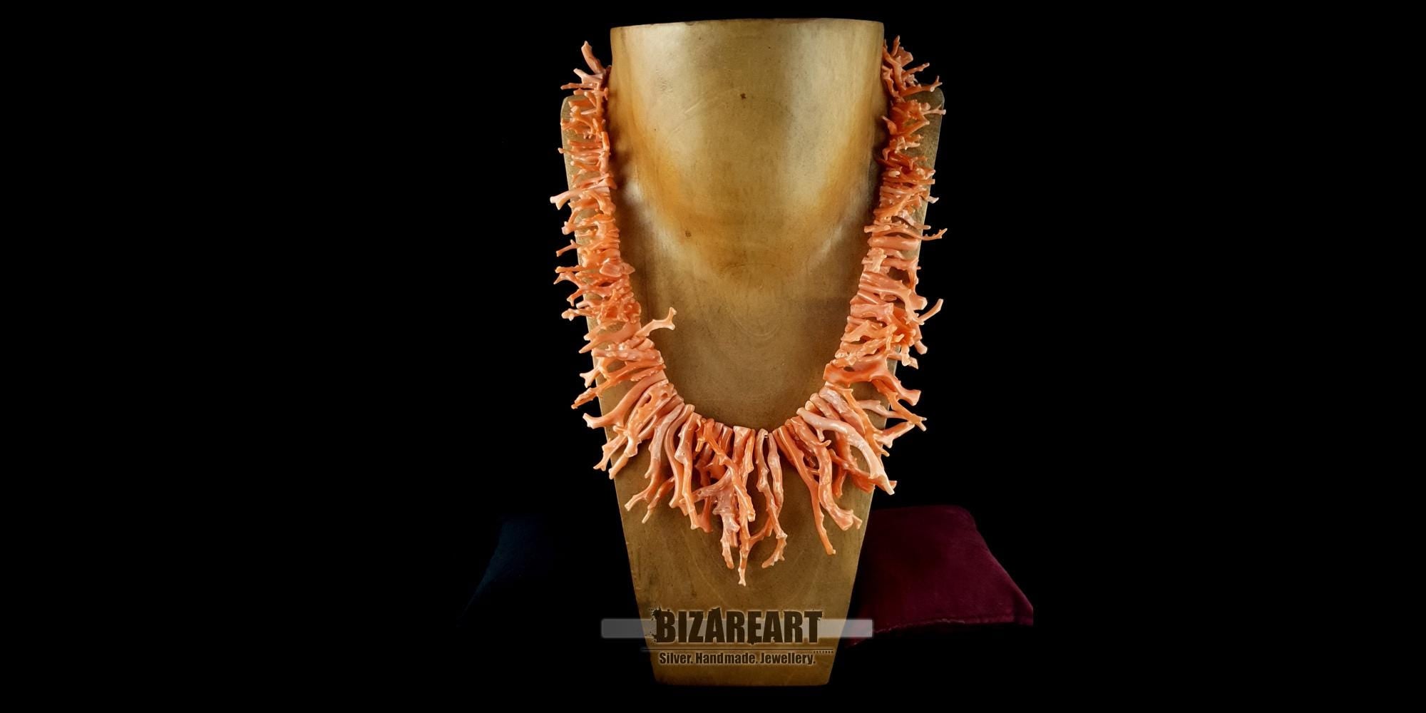 Orange Coral Necklace, Natural Mediterranean Branch, 925 Silver Clasp