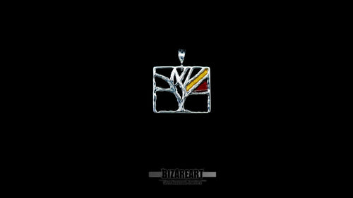 Black background of Sterling silver Tree of Life necklace in a geometric Mondrian-inspired style