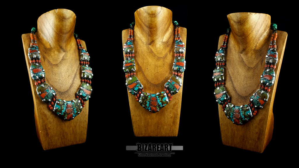 Multiple angles of artisan turquoise and red coral multi strand collar necklace